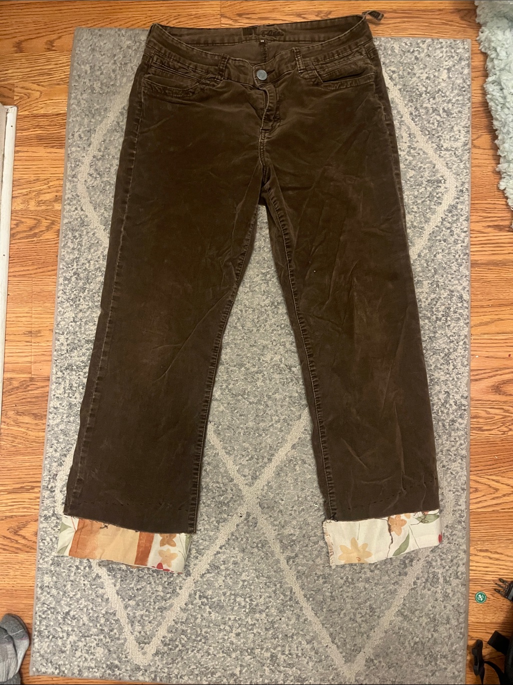 Brown Corduroy Cuffed Pants With Floral Bottom